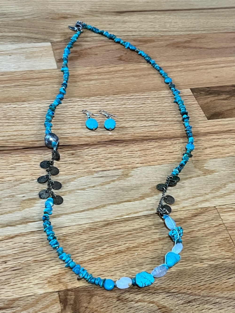 Turquoise Bead Necklace and Earrings Set - Blue Stones